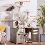 Heybly Cat Tree, Wood Litter Box Enclosure with Food Station, All-in-one Indoor Cat Furniture with Large Platform and Condo, Modern Style Cat Tower, Hammock, Rustic Gray HCT100SG Heybly