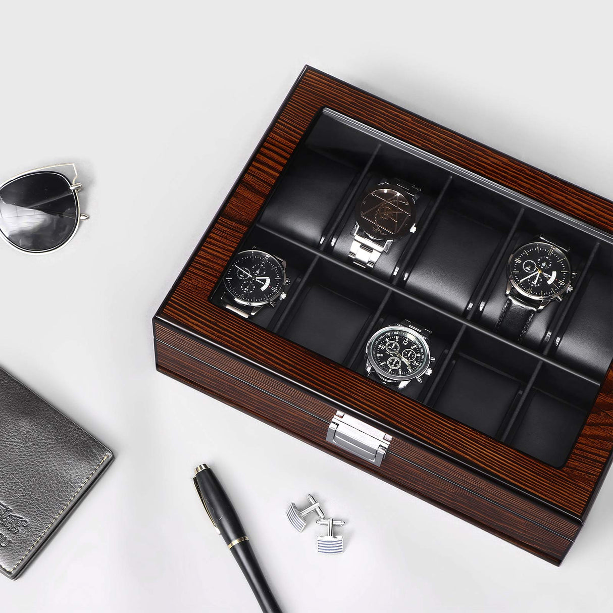 BEWISHOME Watch Box -10 Slot Luxury Wooden Watch Cases for Men Watch Storage with Real Glass Top, Mens Watch Organizer Holder with Removable Pillows, Smooth Faux Leather Interior, Brown SSH10Y BEWISHOME