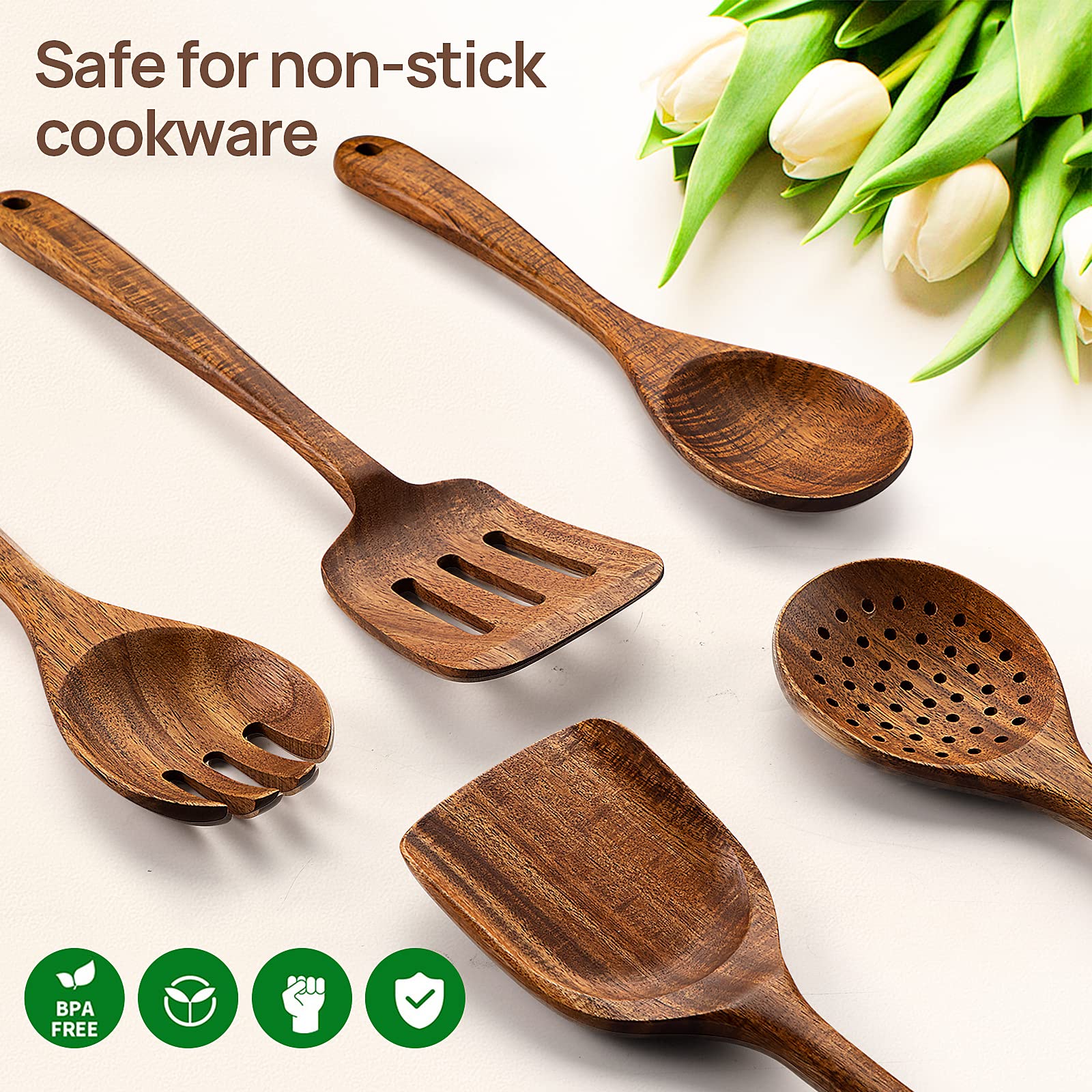 TANAAB Kitchen Wooden Spoons Utensils Set for Cooking, 5 Piece Acacia Wood Spoon Cooking Utensils Apartment Essentials Wooden Turner Spoon Spatula Kitchen Set for Nonstick Cookware (5-pieces- - WoodArtSupply