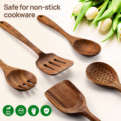 TANAAB Kitchen Wooden Spoons Utensils Set for Cooking, 5 Piece Acacia Wood Spoon Cooking Utensils Apartment Essentials Wooden Turner Spoon Spatula Kitchen Set for Nonstick Cookware (5-pieces- - WoodArtSupply