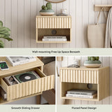 EYYTHUNG Floating Nightstand Set of 2 with Drawer, Fluted Modern Night Stand with Fluted Door and Open Storage Shelf Wall Mounted Bedside Table for Bedroom, Entryway Light Oak EYYTHUNG