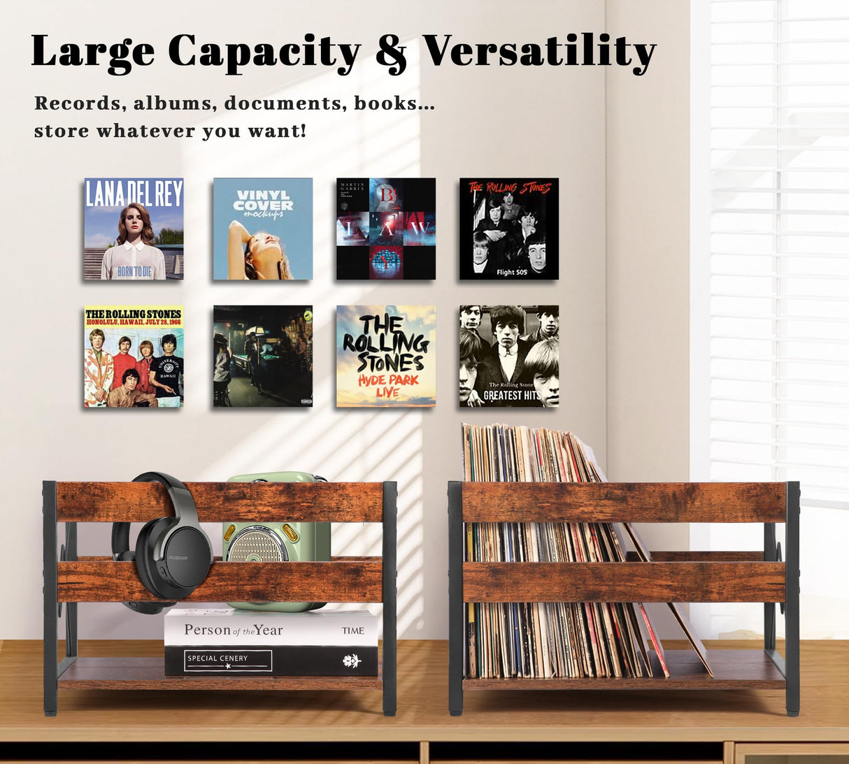 Y&M Vinyl Record Storage Crate, Wooden Storage Box, Classic Cube CD Albums Shelf Holder Organizer, Holds Up to 100+ Records, Magazine Rack for Desktop, Home, Office, Brown Y&M