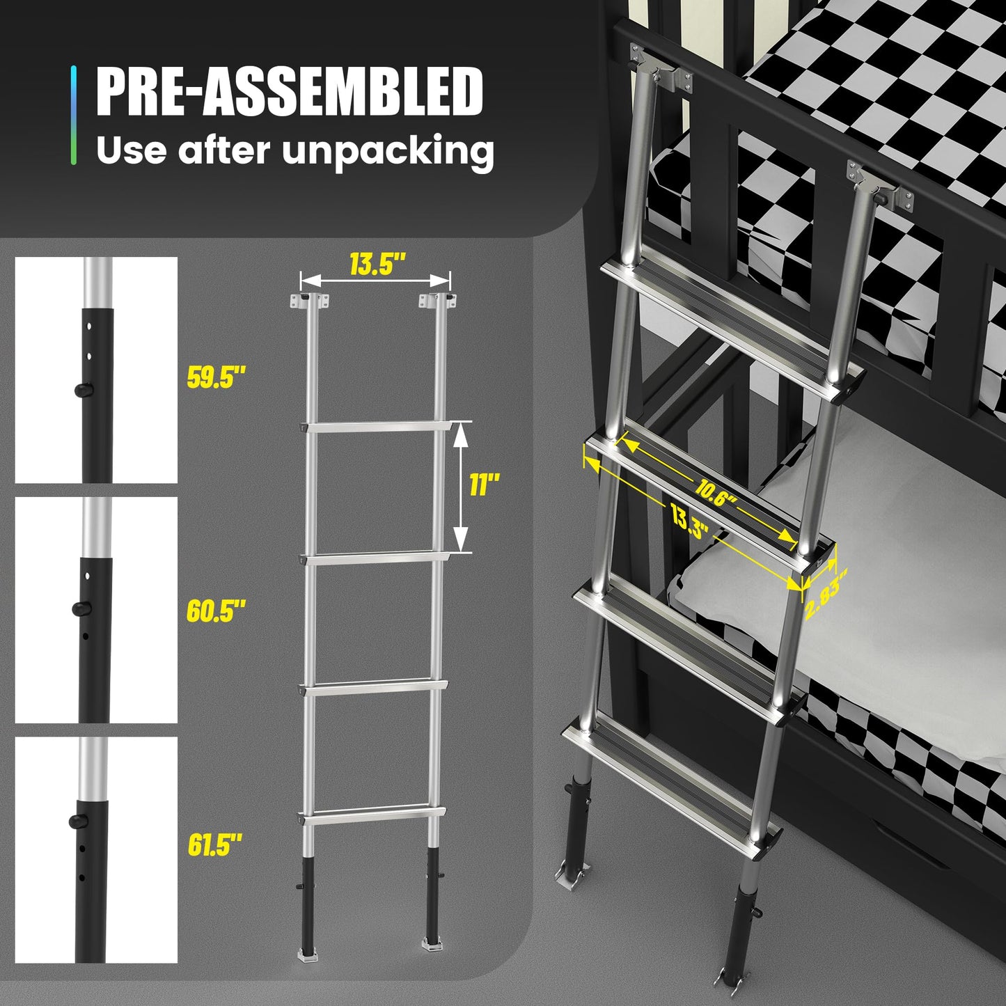 Marudina 61.5" Pre-Assembled Bunk Ladder, Adjustable 3 Levels of Height, Aluminum RV Bunk Bed Ladder with 4 Anti-Slip Steps, Non-Slip Feet, 2 Fixing Methods - WoodArtSupply