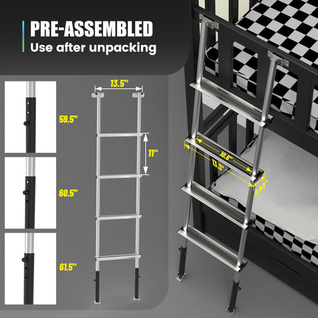 Marudina 61.5" Pre-Assembled Bunk Ladder, Adjustable 3 Levels of Height, Aluminum RV Bunk Bed Ladder with 4 Anti-Slip Steps, Non-Slip Feet, 2 Fixing Methods Marudina