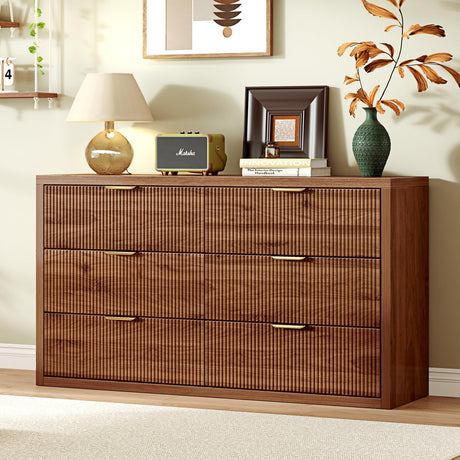 Ieejdn 55.12" Modern Chest of Drawer, 6 Deep Drawers,Clothes Organizer,Large Storage Cabinet for Living Room, Bedroom,Dresser TV Stand, Wood Drawer Organizer for Living Room, Hallway, Walnut Ieejdn