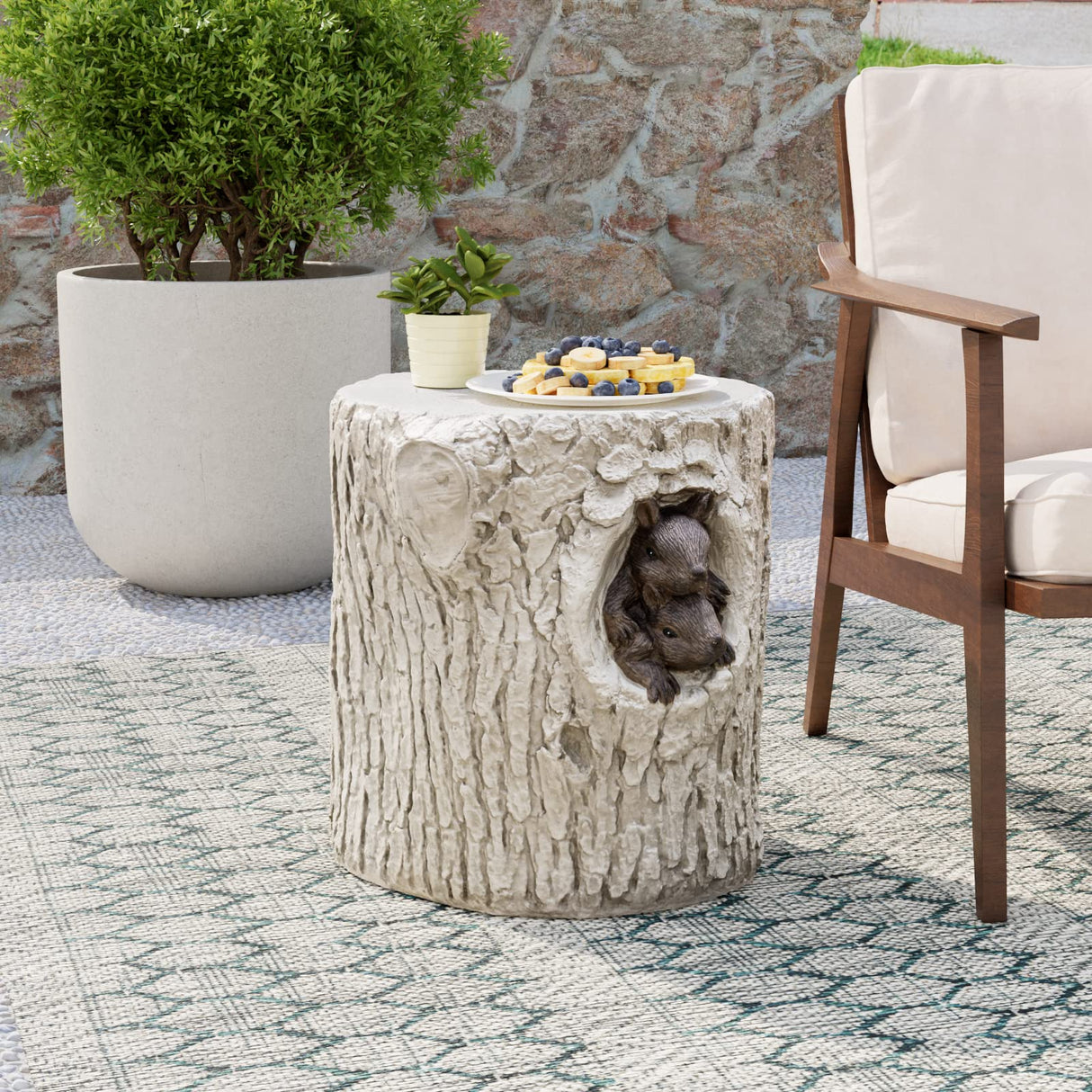 COSIEST Outdoor Antique Beige Side Table Faux Wood, Hand-Painted Wood Stump Stool w Sculpted Squirrel, Outdoor Accent Table, Ottomans, Plant Stand, Deck or Garden COSIEST