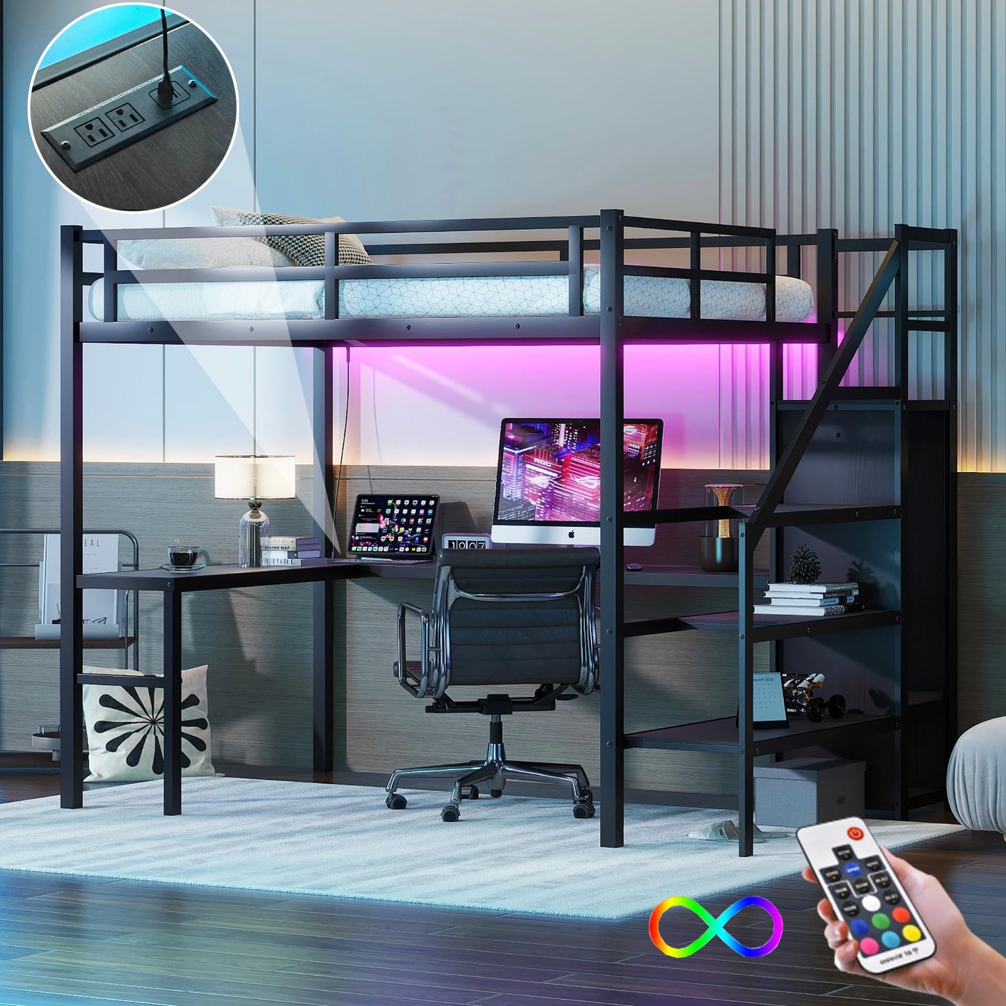 Metal Gaming Loft Bed with Stairs, Desk, RGB LED Light, Storage Wardrobe & Charging Station - Black - WoodArtSupply