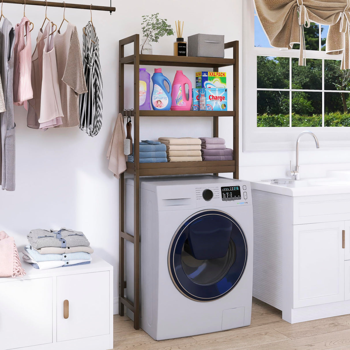 Bamboo Over-The-Toilet Organizer Rack with 3 Adjustable Shelves - SMIBUY Space Saver in Walnut SMIBUY