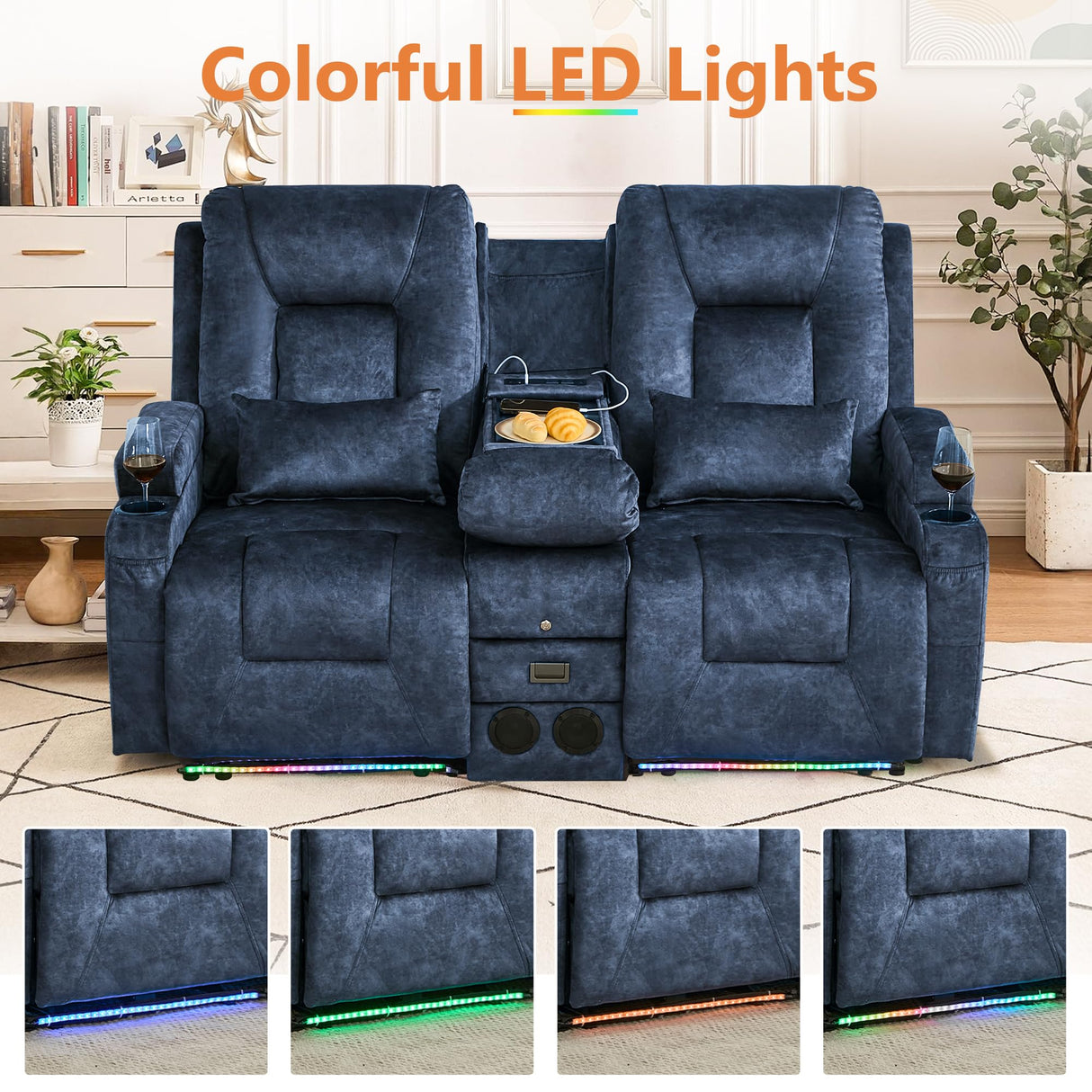 Houjud Power Reclining Loveseat Recliner Sofa with Console, Wall-Hugger RV Couch with USB Ports, Cup Holders, Bluetooth Speakers & Ambient Lighting for Home Theater or Camper, Velvet, Blue Houjud