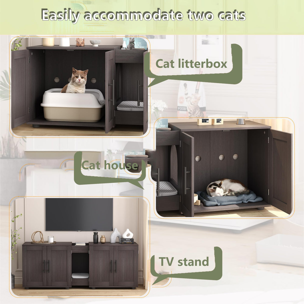 Cat Litter Box Enclosure Furniture for 2 Cats, 55" Large Hiddden Cat Litter Box Enclosure Furniture 3-IN-1 Wooden Cat Litter Cabinet with Barn Door & Double Rooms for Bedroom Living Room, Walnut GAOMON