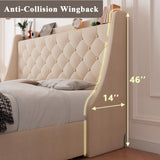 Feonase Upholstered Queen Bed Frame with 4 Storage Drawers, Charging Station and Tufted Wingback Storage Headboard, No Box Spring Needed, Easy Assembly, Beige Feonase