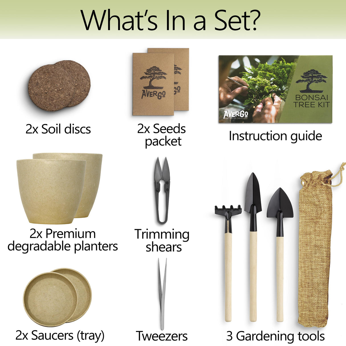 Bonsai Starter Kit – 2X Bonsai Tree | Complete Indoor Starter Kit for Growing Bonsai Plants with Tools & Planters – Gardening Gifts for Women & Men AVERGO