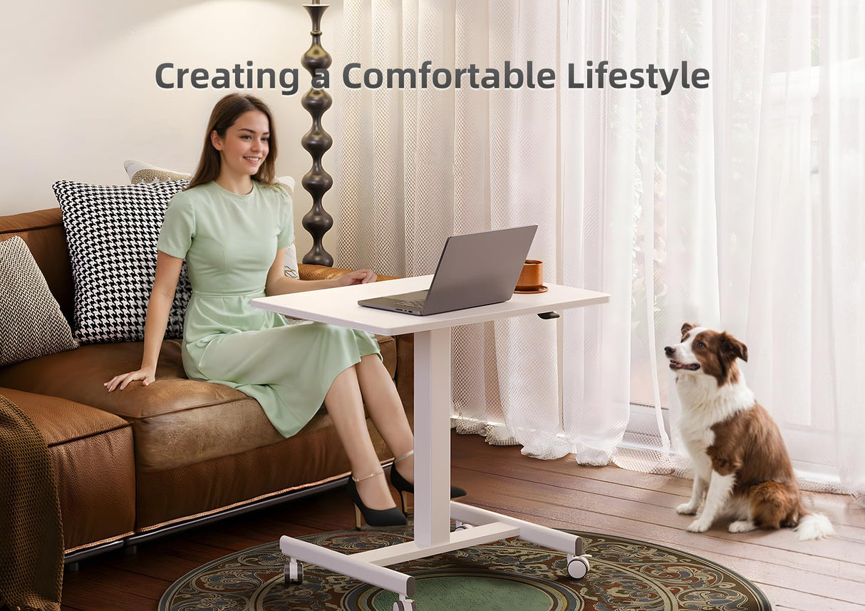 Claiks Mobile Standing Desk, Small Rolling Standing Desk, Mobile Desk Workstation with Wheels, Pneumatic Mobile Laptop Desk for Home Office with Hook, White Claiks