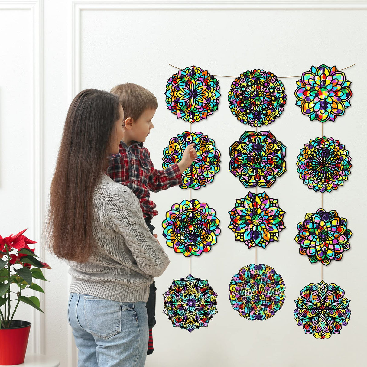 Gueevin 36 Sheet Mandala Window Clings Color Your Own Stained Glass Window Cling Arts and Crafts DIY Kit with Colorful Cotton Paper Contact Paper Crafts for Adults Kid Teen, 6 x 6 Inch Gueevin