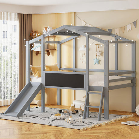 RUZYEDAL Twin Loft Bed with Slide & Ladder - Stylish Grey Wood House Design with LED Light & Blackboard RUZYEDAL