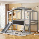 Merax Twin Loft Bed with Slide for Boys & Girls, Wood House Style with Blackboard & Light Strip, Grey Merax