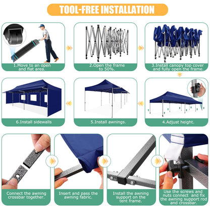 COBIZI 10x30 Pop Up Canopy Tent with Awning,Heavy Duty Canopy UPF 50+ All Season Wind Waterproof Commercial Outdoor Street Vendors Party Tents for Parties Canopy with Roller Bag(10 x 30 ft Da - WoodArtSupply