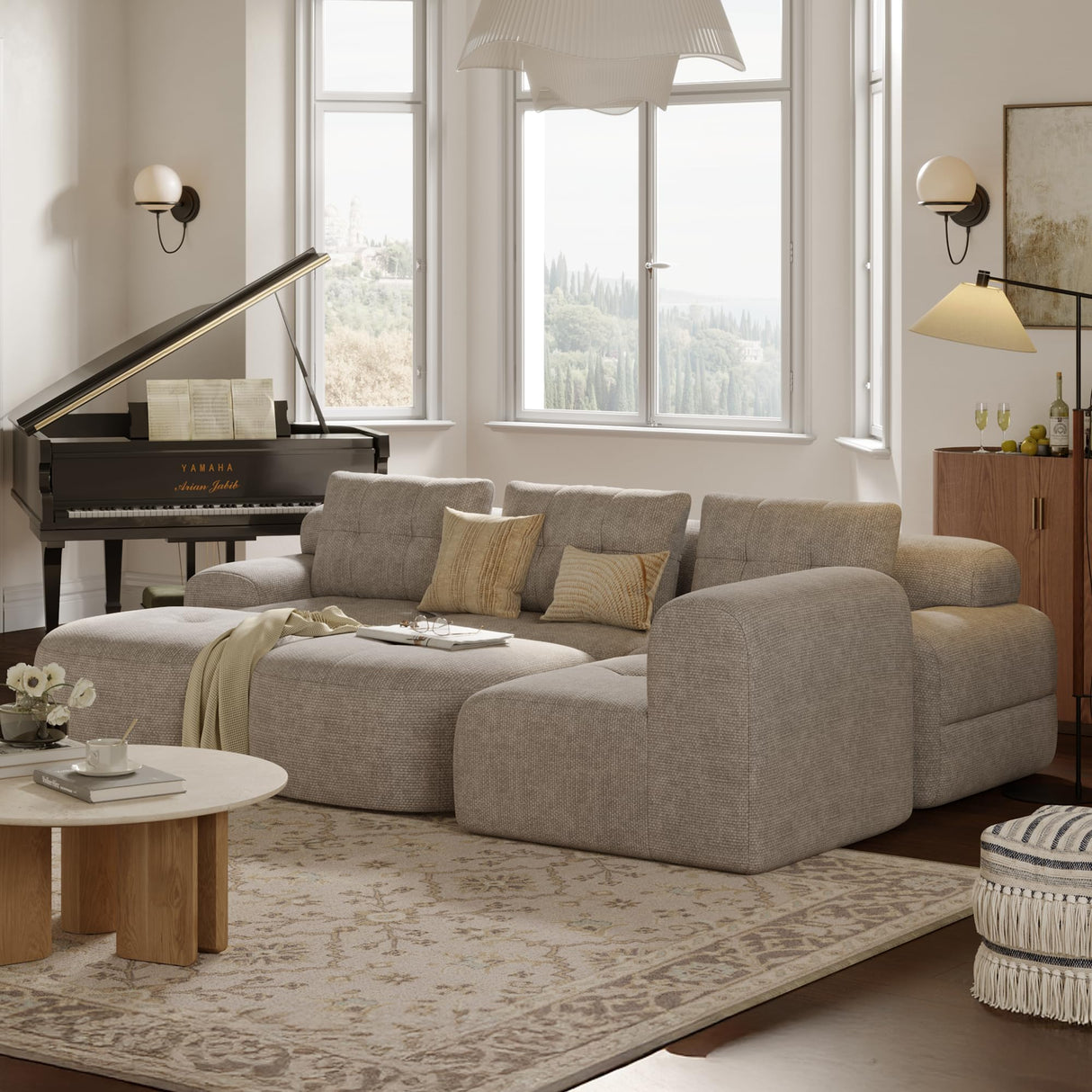 SOFA-IN-BOX 145'' U-Shaped Modular Sectional Sofa Couch, Full-Foam Structure, Compression Packaging Design, Woven Texture Upholstery, Oversized Modern Sofa for Living Room – Wheat Beige SOFA-IN-BOX