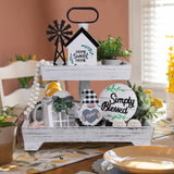 Eufrozy Farmhouse Tiered Tray Stand Wood, Rustic Tiered Tray Decor Holder 2 Tiered Decorative Wooden Serving Tray Rectangular with Metal Handle for Kitchen Table Decor Housewarming Gifts White Eufrozy