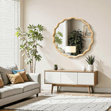 Circle Wood Mirrors for Wall, Wavy Round Bathroom Scalloped Mirror Wooden Frame 24 Inch for Living Room Farmhouse Bedroom Hallway Entryway Living Room with Shatterproof Glass Wall Mounted FGU