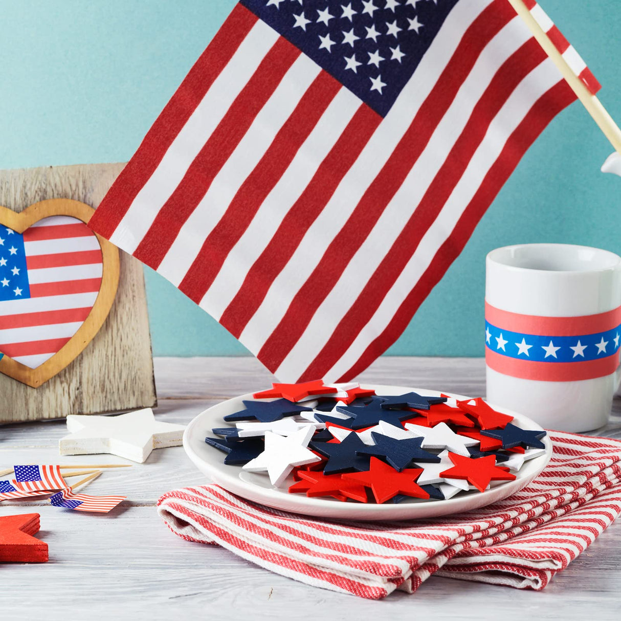 Bucherry 135 Pcs Wooden Stars Decorations 4th of July Patriotic Star Ornaments for Crafts Red White Blue Star Shape Cutouts Vase Bowl Filler Tiered Tray Decor for Independence Memorial Day Bucherry