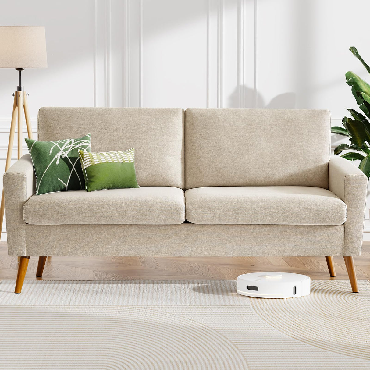 WEUP 68" Loveseat Sofa Oatmeal Linen Couch, Mid Century Modern Love Seat Couches for Living Room, Small Loveseat for Bedroom Office, Comfy Sofa with Spring Cushion, Solid Wood, Tool-Free Assembly WEUP