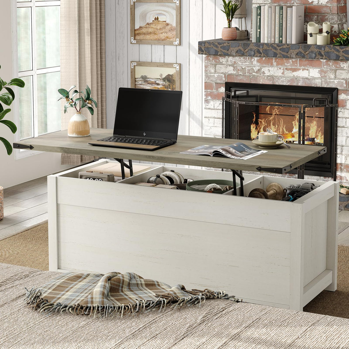 Furnihold 47.3''Lift Top Coffee Table, Farmhouse Center Table with Large Storage & Sliding Barn Doors, Modern Rectangular White Cocktail Table for Living Room, Grey Top Furnihold