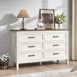 BAZELOR Farmhouse Dresser for Bedroom, 6 Drawers Dresser with Natural Texture, Wood Rustic Wide Chest for Bedroom, Hallway, Entryway, Antique White BAZELOR