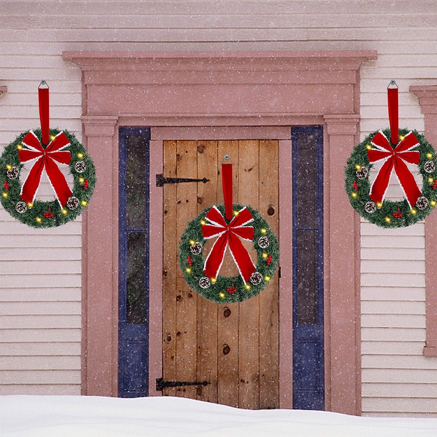 Hausse Set of 3 Christmas Wreaths, Lighted Artificial Christmas Wreath with LED Lights & Large Red Bow Ornaments, 8 Modes & Timer, Battery Operated for Front Door Gate Wall Xmas Party Decorations