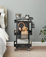 SONGMICS 3-Tier Storage Cart, Rolling Utility Cart, Metal Mesh Shelves, 2 Removable Pegboards, 2 Hanging Holders, 4 Hooks, Craft Cart for Living Room, Kitchen, Office, Bathroom, Ink Black ULRC037B01 SONGMICS