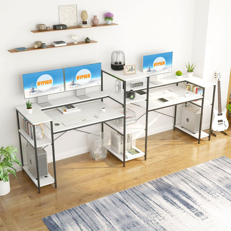Extra Long White Double Computer Desk with Storage Shelves & Monitor Stand by HYPIGO HYPIGO