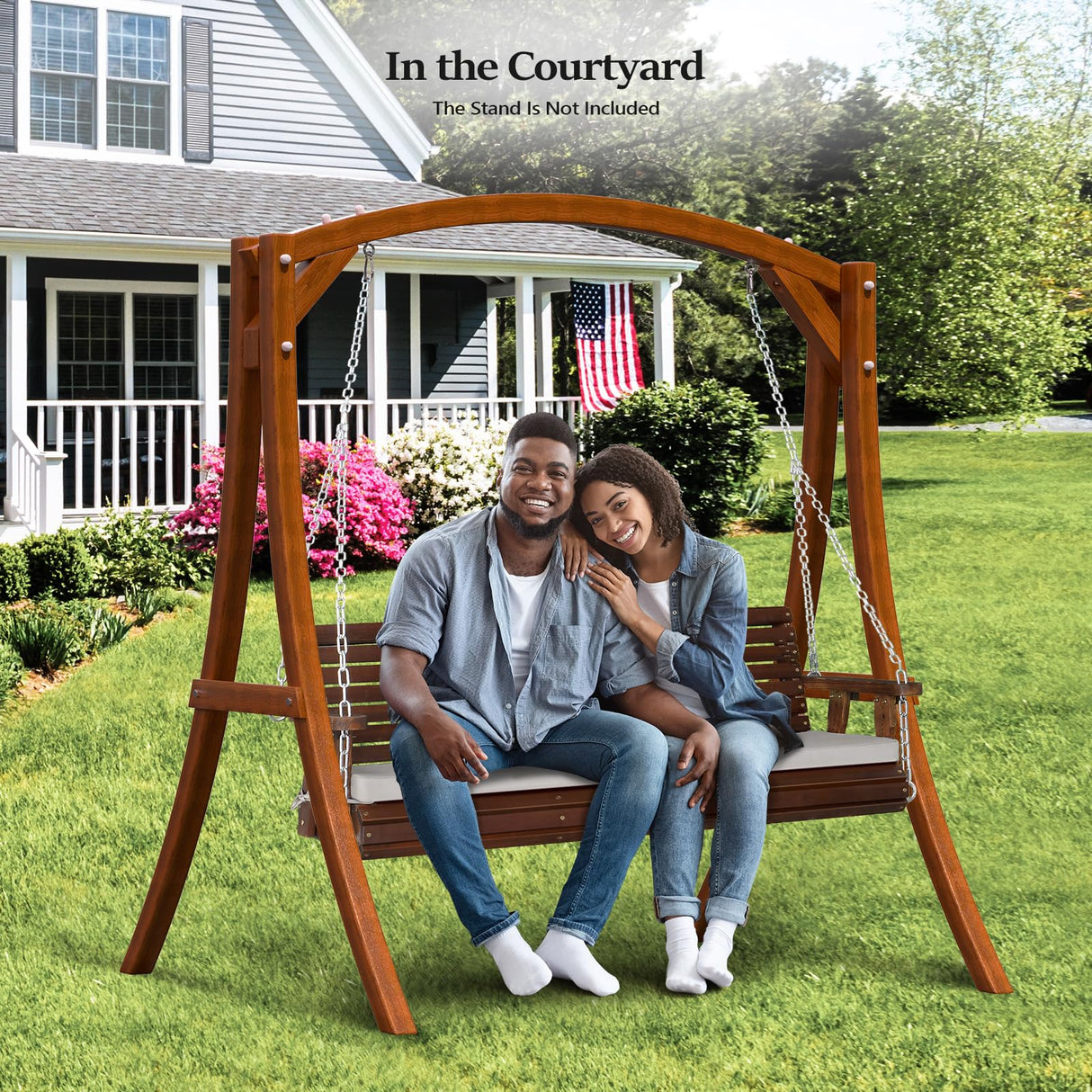 VINGLI Heavy Duty 880 LBS Patio Wooden Porch Swing Outdoor with Extra Cushion, Farmhouse Hanging Bench Tree Swing with Adjustable Chains for Yard | Garden | Lawn | Balcony (5 FT, Rustic) VINGLI