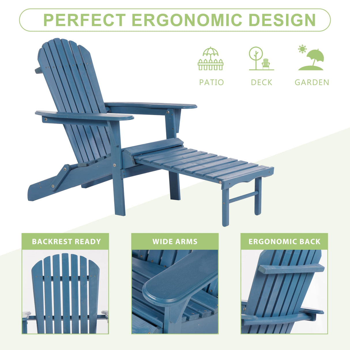 Wooden Folding Adirondack Chair with Ottoman, Pre-Assembled Backrest and Seat Board, Lounge Chair for Outdoor Patio Garden Lawn Backyard Firepit Deck Pool Beach Wood-Natrl