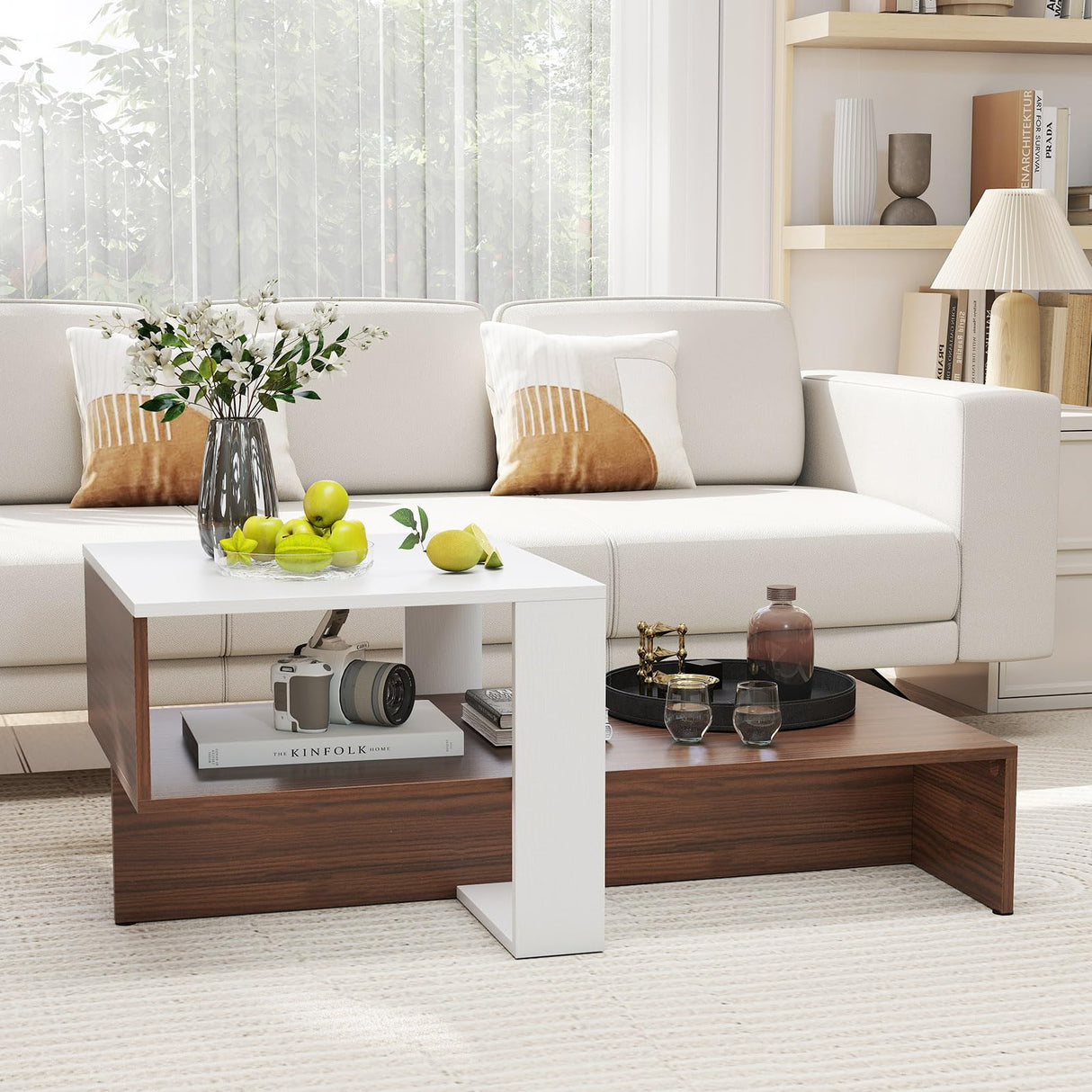 Giantex 2-Tier Coffee Table with Storage, Mid Century Modern Geometric Living Room Table with Open Shelf, Center Table for Living Room Reception Room, White & Walnut Giantex
