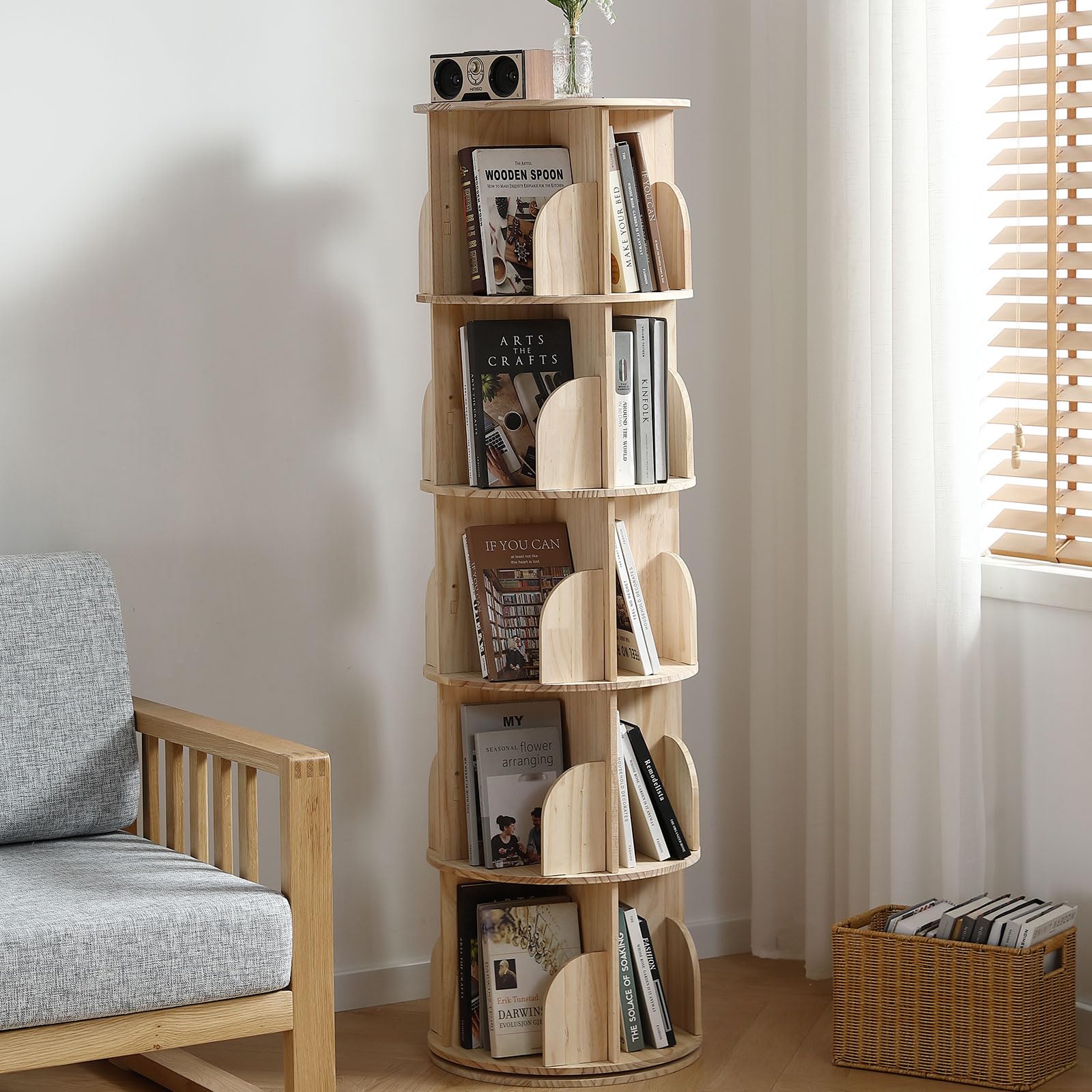 Buzleer 5-Tier Rotating Bookshelf Tower - Solid Wood Corner Bookcase for Efficient Storage - WoodArtSupply