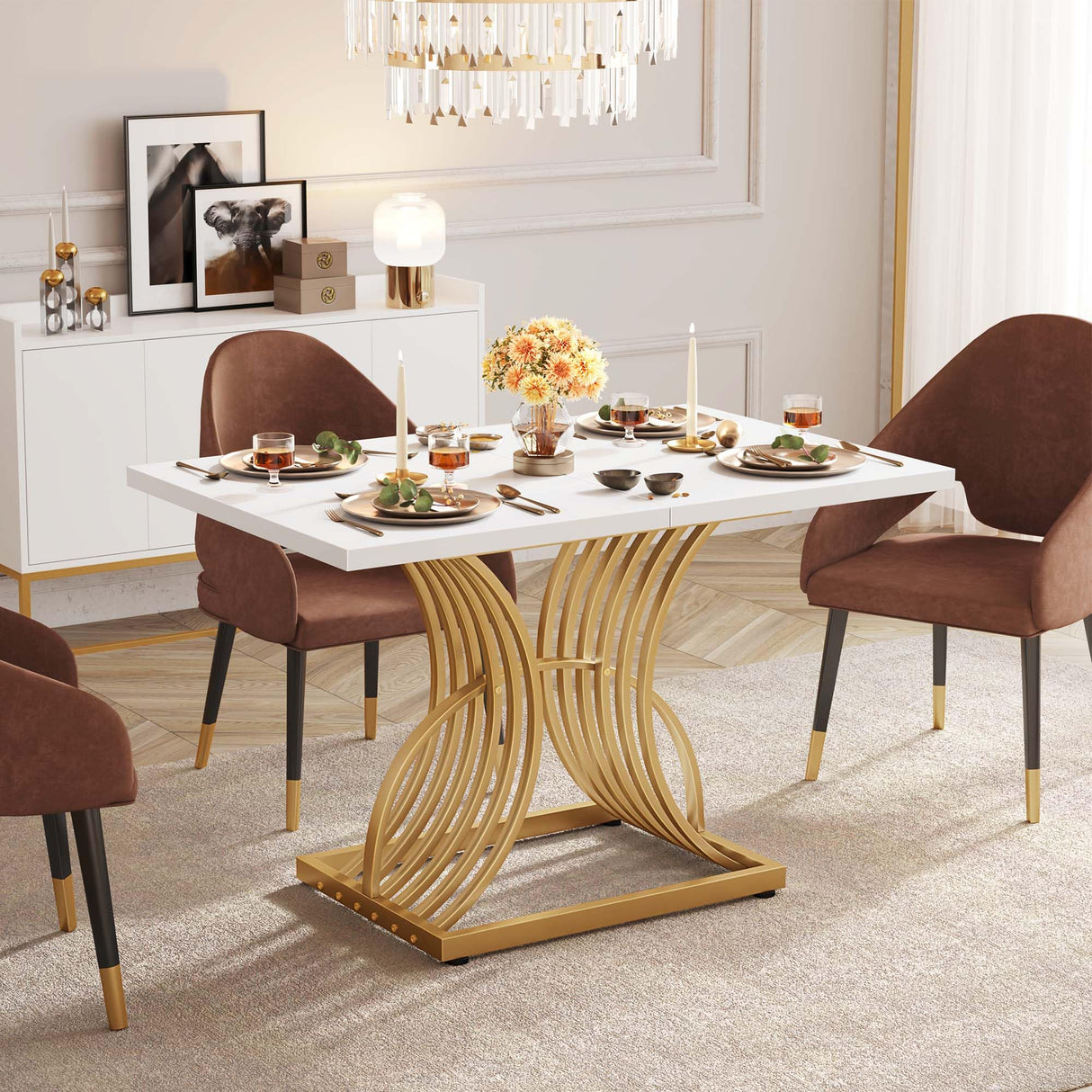 DWVO Modern Dining Table for 4 People 47 Inch Rectangular Kitchen Table with Faux Marble Tabletop and Gold Geometric Legs Small Dinner Table Kitchen & Dining Room Furniture White and Gold DWVO