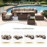 Aoxun 8 Piece Patio Furniture Set with 44” Fire Pit Table Wicker Rattan Outdoor Sectional Sofa Set with Coffee Table and Thickened Cushions, Beige (Waterproof Cover Included) Aoxun
