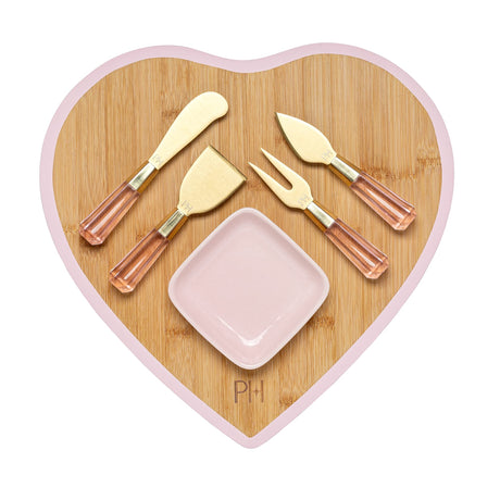 Paris Hilton Charcuterie Board and Serving Set, Bamboo Serving Board, Ceramic Dish, Cheese Utensils with Titanium Coated Blades, 6-Piece Set, Pink Paris Hilton
