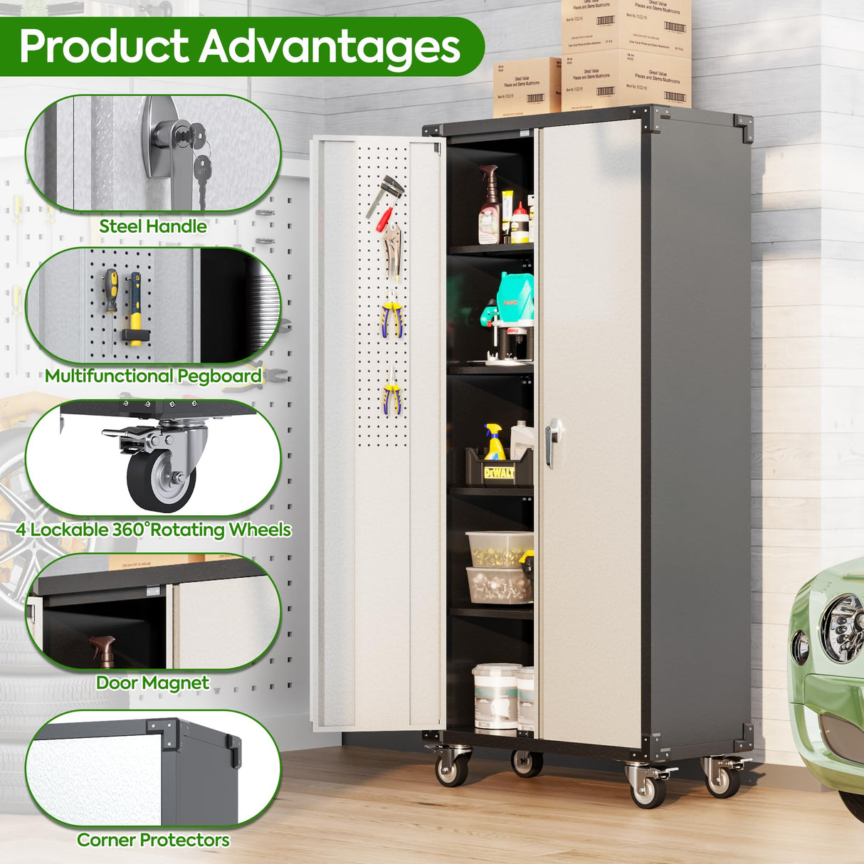 JAORD Garage Storage Cabinets with Wheels and Pegboard,Rolling Metal Storage Cabinets with 2 Locking Doors and 4 Adjustable Shelves for Garage, Home, Assembly Required JAORD