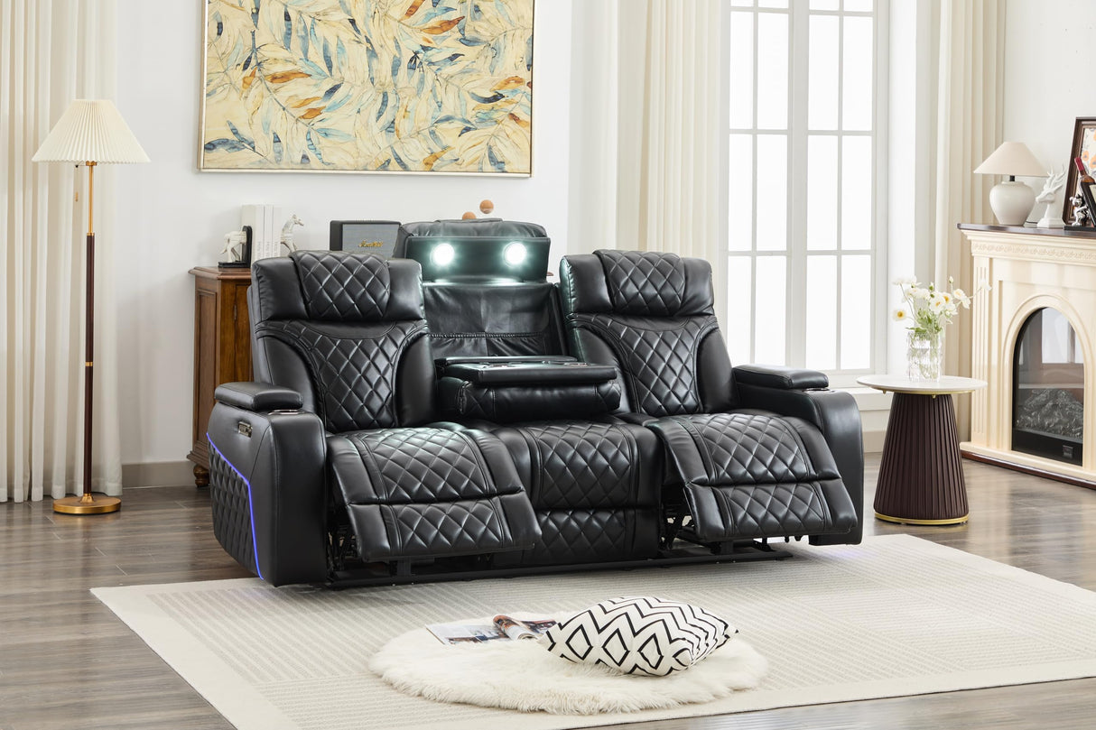 Power Recliner Sofa Set of 2 Pieces with Adjustable Headrest, Wireless Charger for Living Room, Electric Reclining Couch, Faux Leather 3 Seaters and Loveseat Theater Chair with LED Lights, Black Comfort Stretch