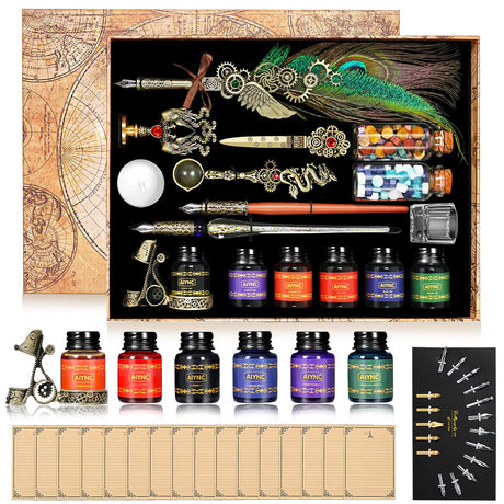 AIYNC Quill Pen and Ink Set, Feather Pen Ink Set, Wax Seal Stamp Kit, Calligraphy Set, Valentine's Day Gifts for Writing Lovers Birthday Gifts, Ideal Calligraphy Gifts for Holidays(Peacock Feather) AIYNC