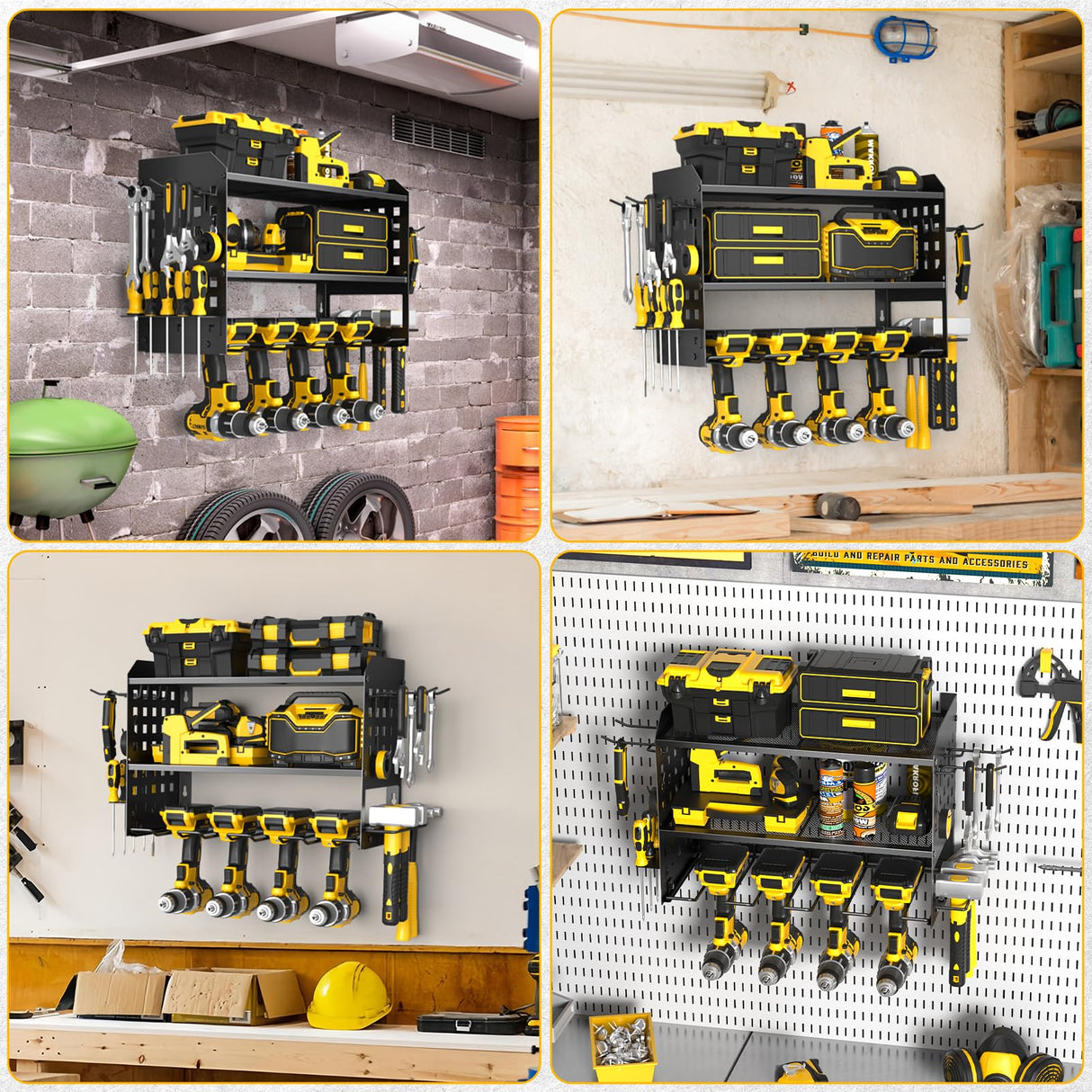 Spacecare Power Tool Organizer, Drill Holder Wall Mount with 2 Side Pegboards with Hooks, 3 Layer Garage Organization Floating Cordless Heavy Duty Tool Organizers Utility Rack for 4Drill Holders Black SPACECARE