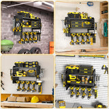 Spacecare Power Tool Organizer, Drill Holder Wall Mount with 2 Side Pegboards with Hooks, 3 Layer Garage Organization Floating Cordless Heavy Duty Tool Organizers Utility Rack for 4Drill Holders Black SPACECARE