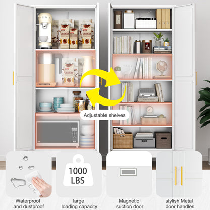 PAOFIN Kitchen Pantry Storage Cabinet with Doors and Adjustable Shelves, Metal ClosetMaid Food Pantry Cabinets, 75" Tall Freestanding Cupboard for Kitchen, Laundry or Utility Room, White - WoodArtSupply