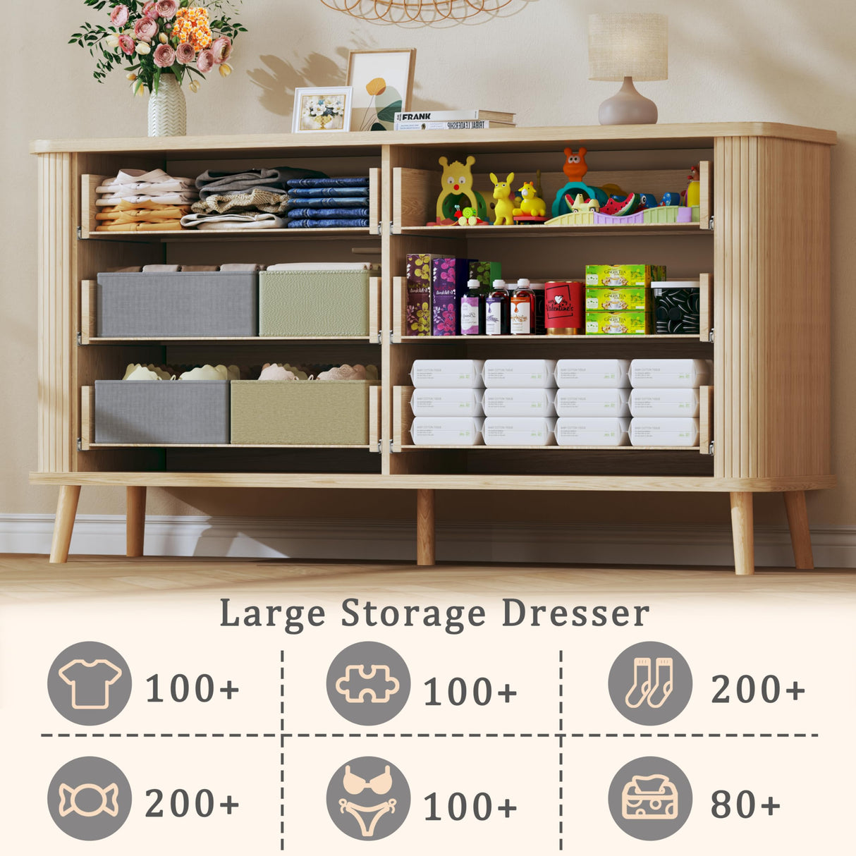 HUAHUU Fluted 6 Drawers Dresser for Bedroom, 55" Mid Century Modern Dresser & Chests of Drawers, Curved Profile Design, Dressers TV Stand, Wood Storage for Hallway, Entryway, Oak HUAHUU