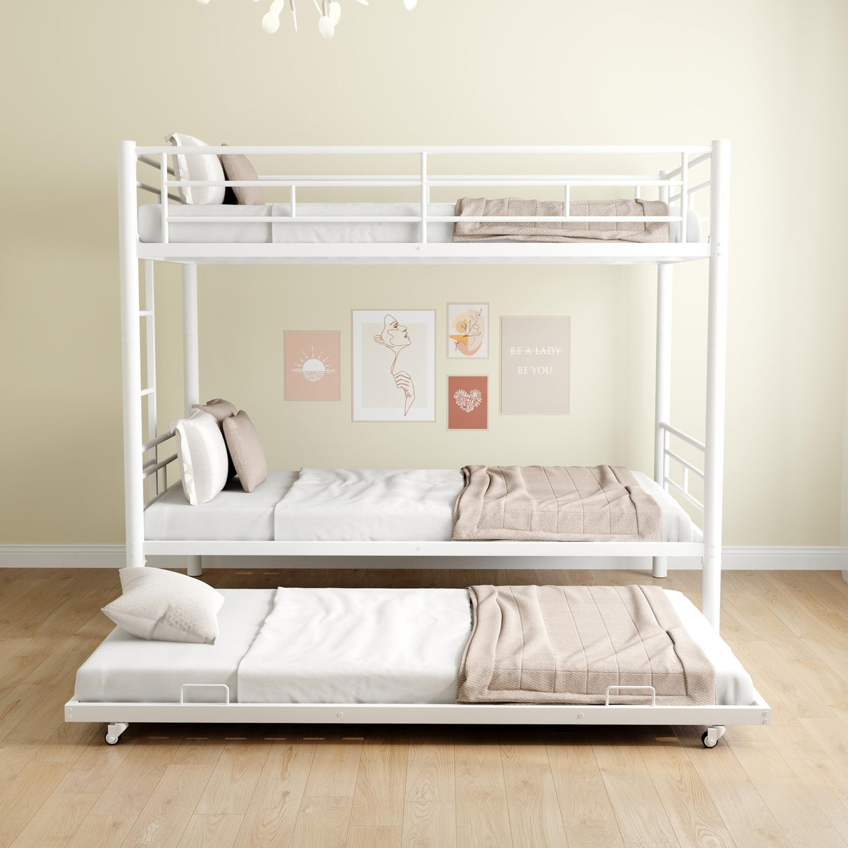 HomJoones Metal Bunk Bed with Trundle,Twin Over Twin Bunk Bed Frame with Ladder and Safety Rails for Triple Metal Bunk Can be Divided into Two beds (White) HomJoones