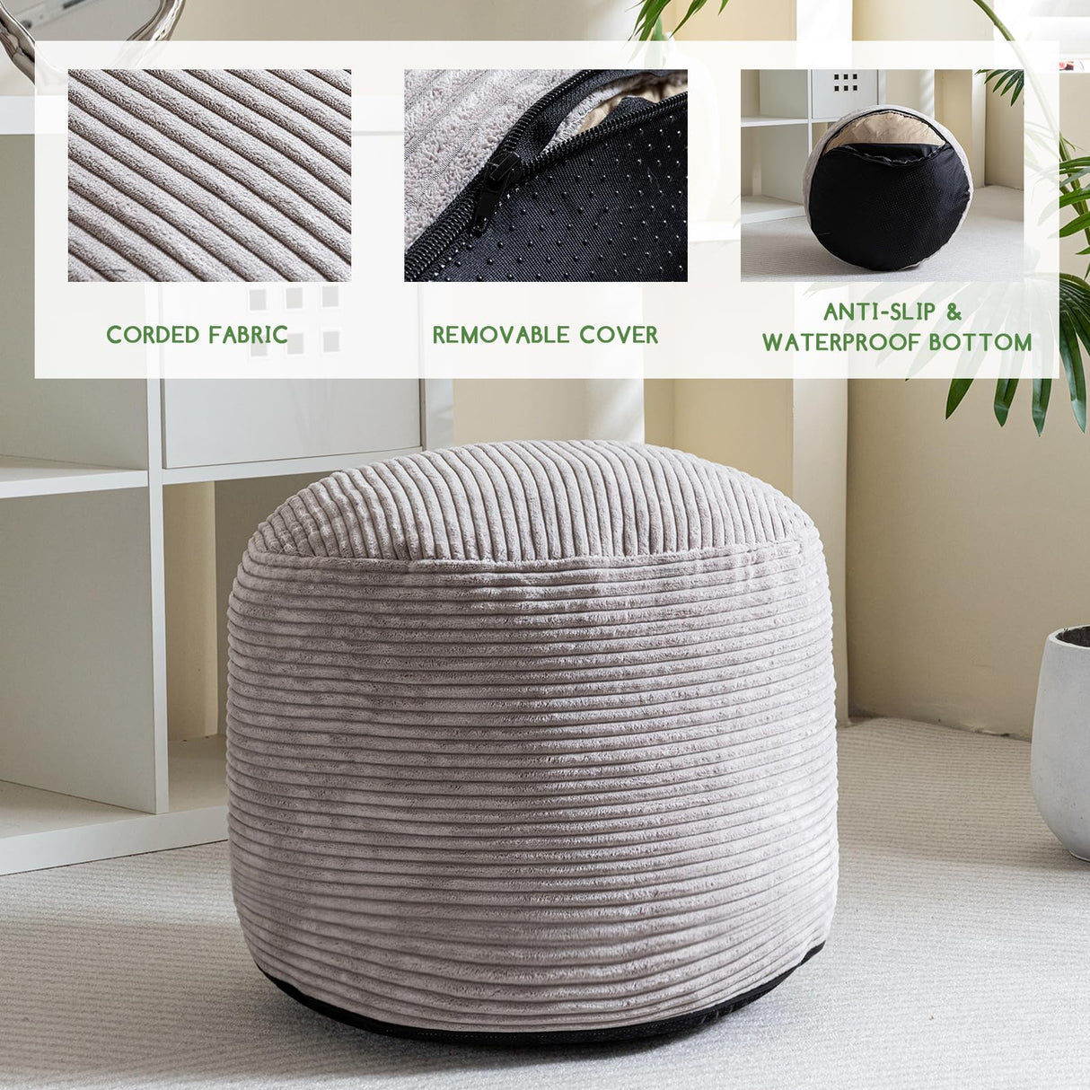HIGOGOGO Round Stuffed Pouf Ottoman, Corduroy Poufs with Foam Chunk Filling, Furry and Fluffy Pouf Foot Stool Storage Ottoman, 20 X 15 Floor Poufs Foot Rest for Living Room, Grey HIGOGOGO