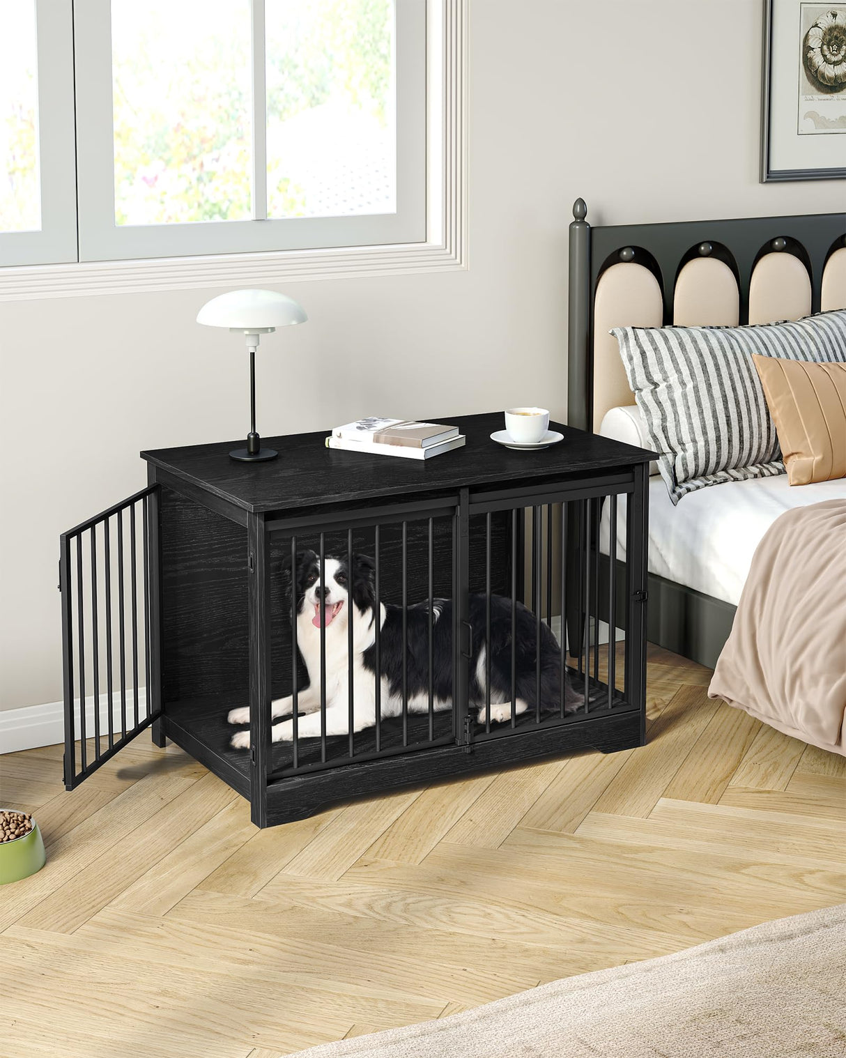 Hzuaneri 39.3" Dog Crate Furniture with Barn Door, Heavy Duty Dog Kennel Indoor with 2 Doors, Wooden Pet Cage End Table for Large Small Medium Dogs, Anti-Chew Anti-Escape, Black DFC02304B Hzuaneri
