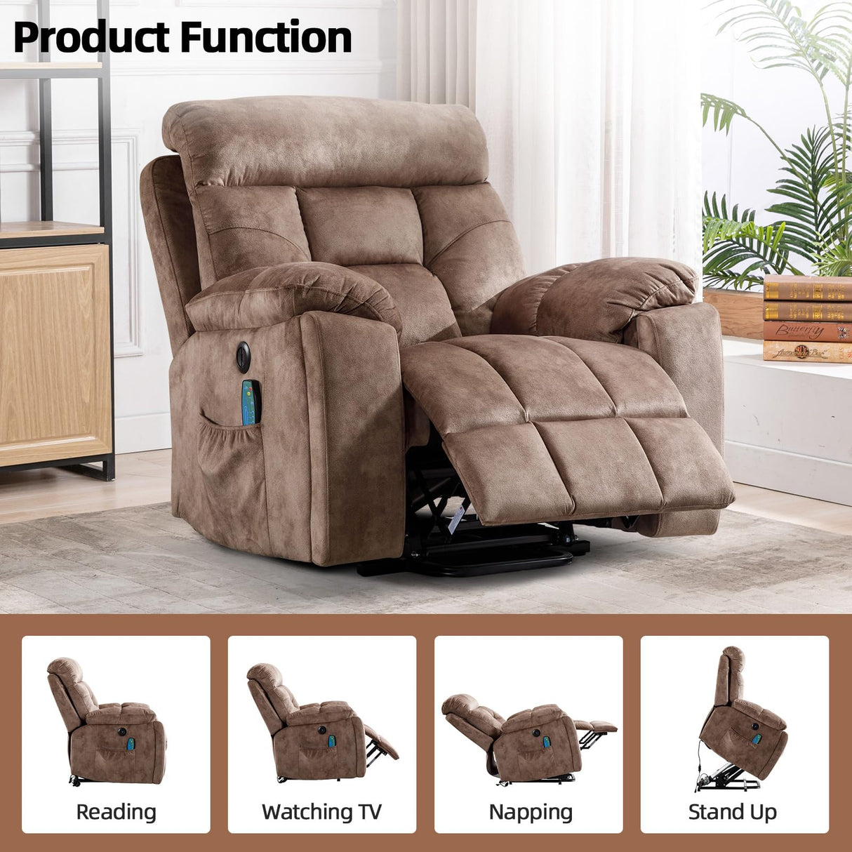 CANMOV Large Power Lift Recliner Chair with Massage and Heat for Elderly Big and Tall People, Overstuffed Wide Recliners with 2 Cup Holders, Side Pocket and USB Port, Camel CANMOV