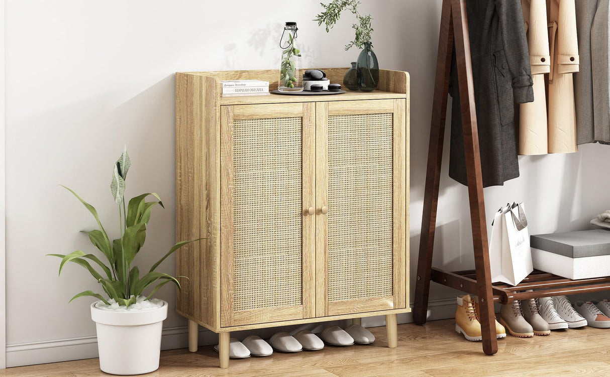 Shoe Cabinet - Rattan Shoe Cabinet for Entryway, Shoe Storage Cabinet with Adjustable Shelves, Natural Shoe Cabinet, Farmhouse Freestanding Wood Shoe Rack Organizer for Closet, Living Room, Hallway IANUE